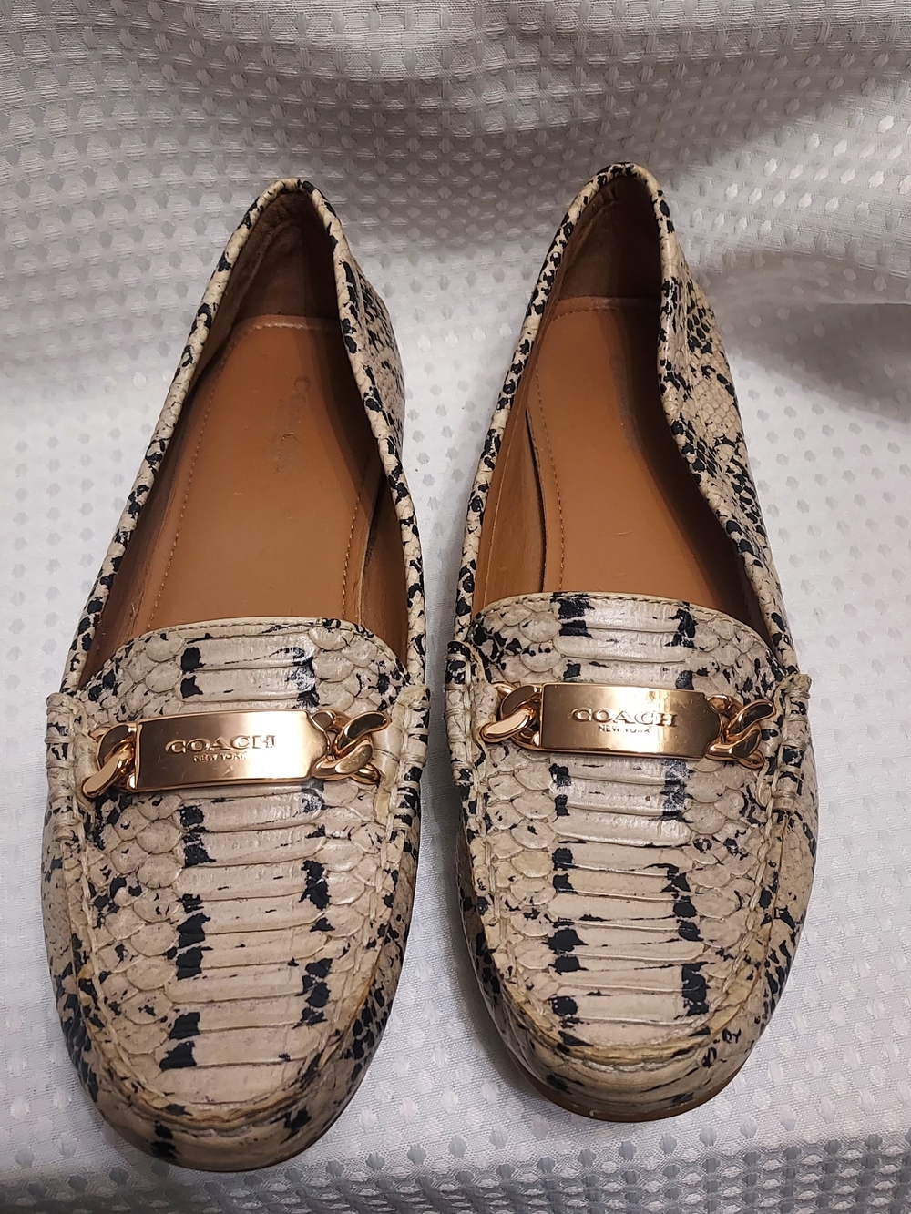 COACH Women's Beige Snake-Print Leather Loafers with Gold Hardware